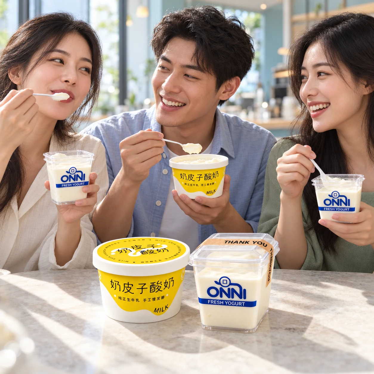 Friends enjoying ONNI milk-skin and stretchy yogurt around a table