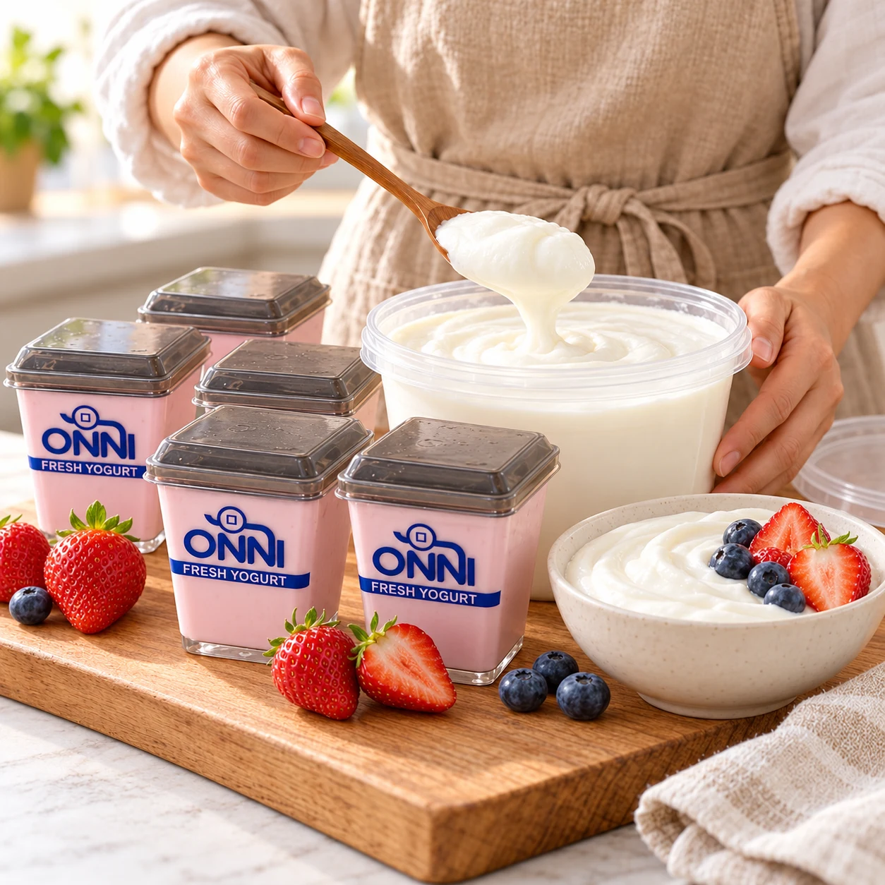 Handcrafted ONNI yogurt with square fruit yogurt cups, strawberries and blueberries